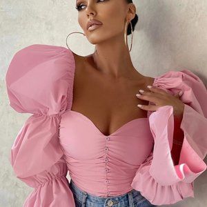 PINK EXAGGERATED PUFF LONG SLEEVE RUCHED BODYSUIT